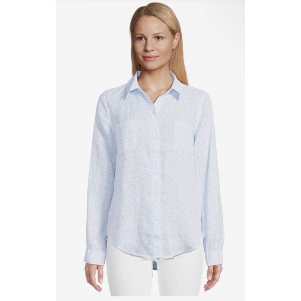 Lilly Pulitzer Size Large SeaView Linen L/S Shirt Bluette Resort White Butterfly